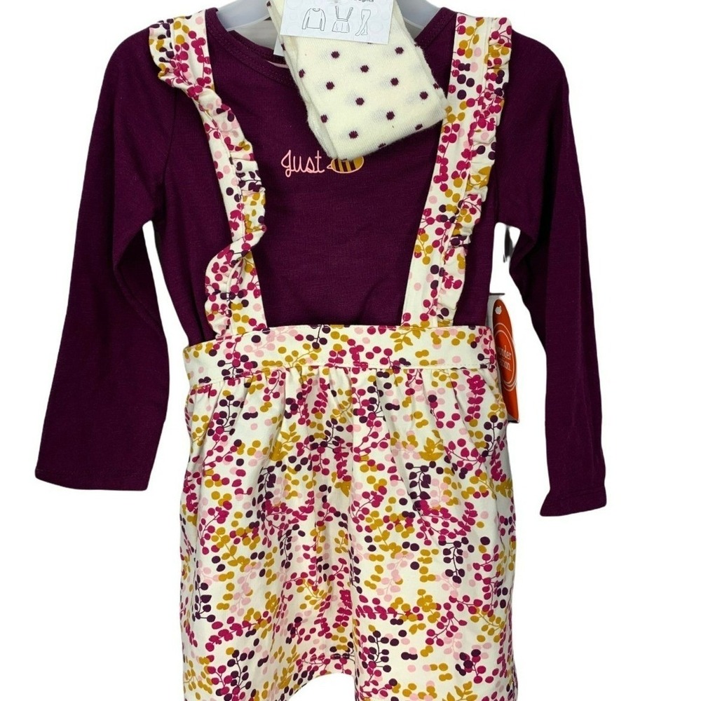 Wonder Nation Toddler Girl 3 Piece Pinafore Skirt Set Plum Purple Bee 3T NWT
